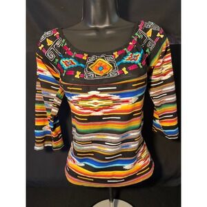 Womens Vintage Collection Black Embroidered Geometric Stripe 3/4 Sleeve Top L